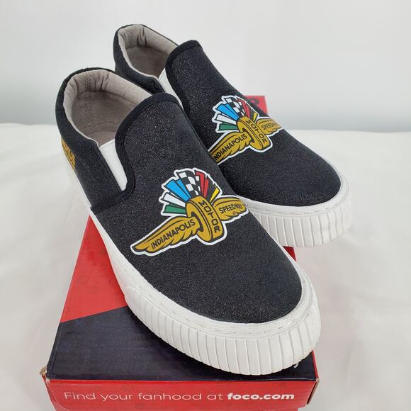 Foco Size 6 Indy Motor Speedway Wing Wheel Flag Glitter Canvas Slip On Shoes New - Picture 3 of 11